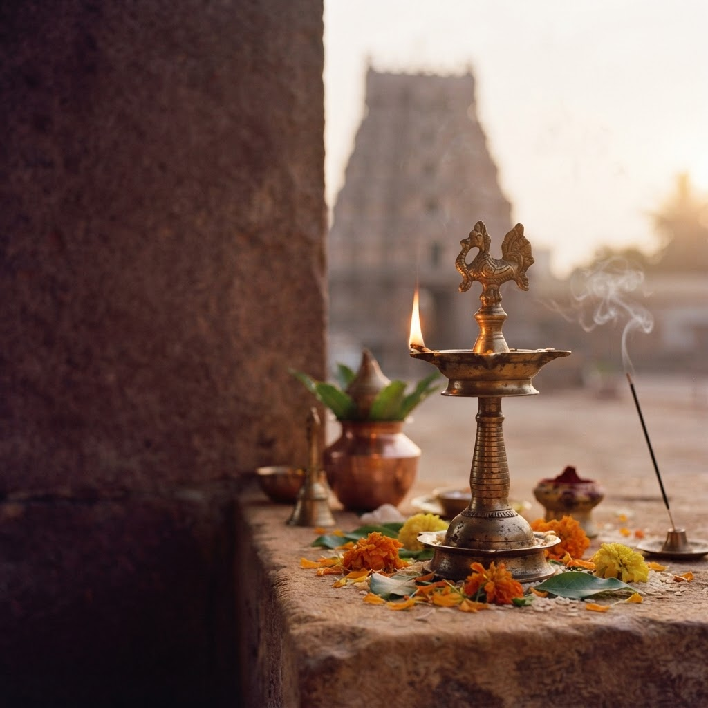 Brass deepam glowing on a traditional pooja altar